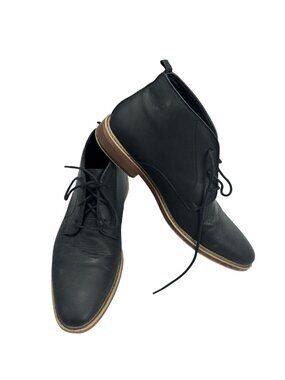 Black Lace-Up Leather Ankle Boots With Wooden Sole - Mens Size 9